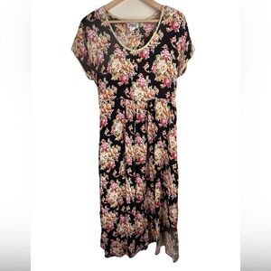 Vintage ZOE California USA Women’s Maxi Dress Black Floral Rayon M/L Cottagecore